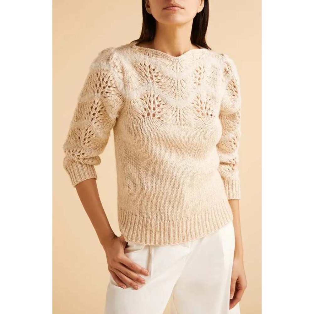 Merlette Ivory Pointelle Scalloped Chevron Knit Sweater Puff Sleeve Cream Boho - Picture 7 of 11